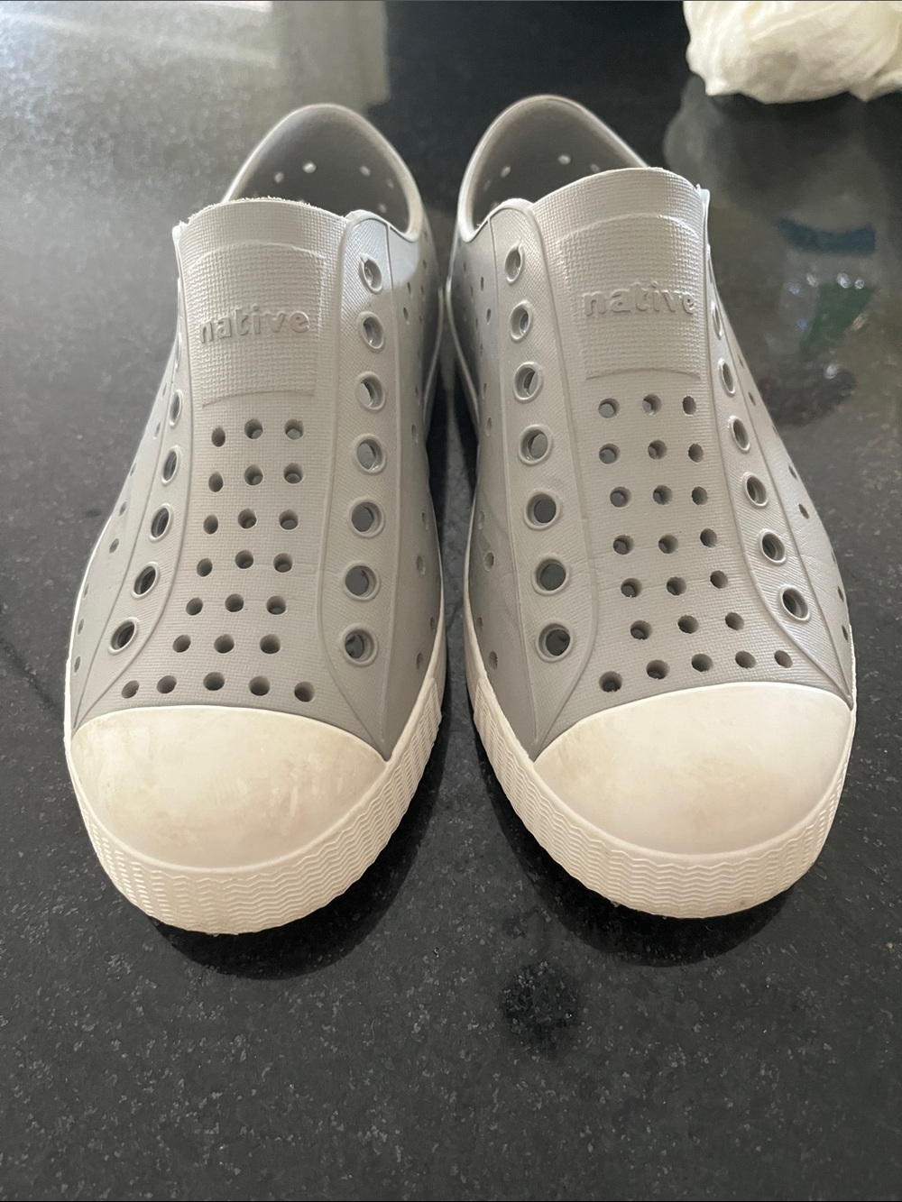 Kids Native Jefferson Grey Slip-On with White Toe Caps